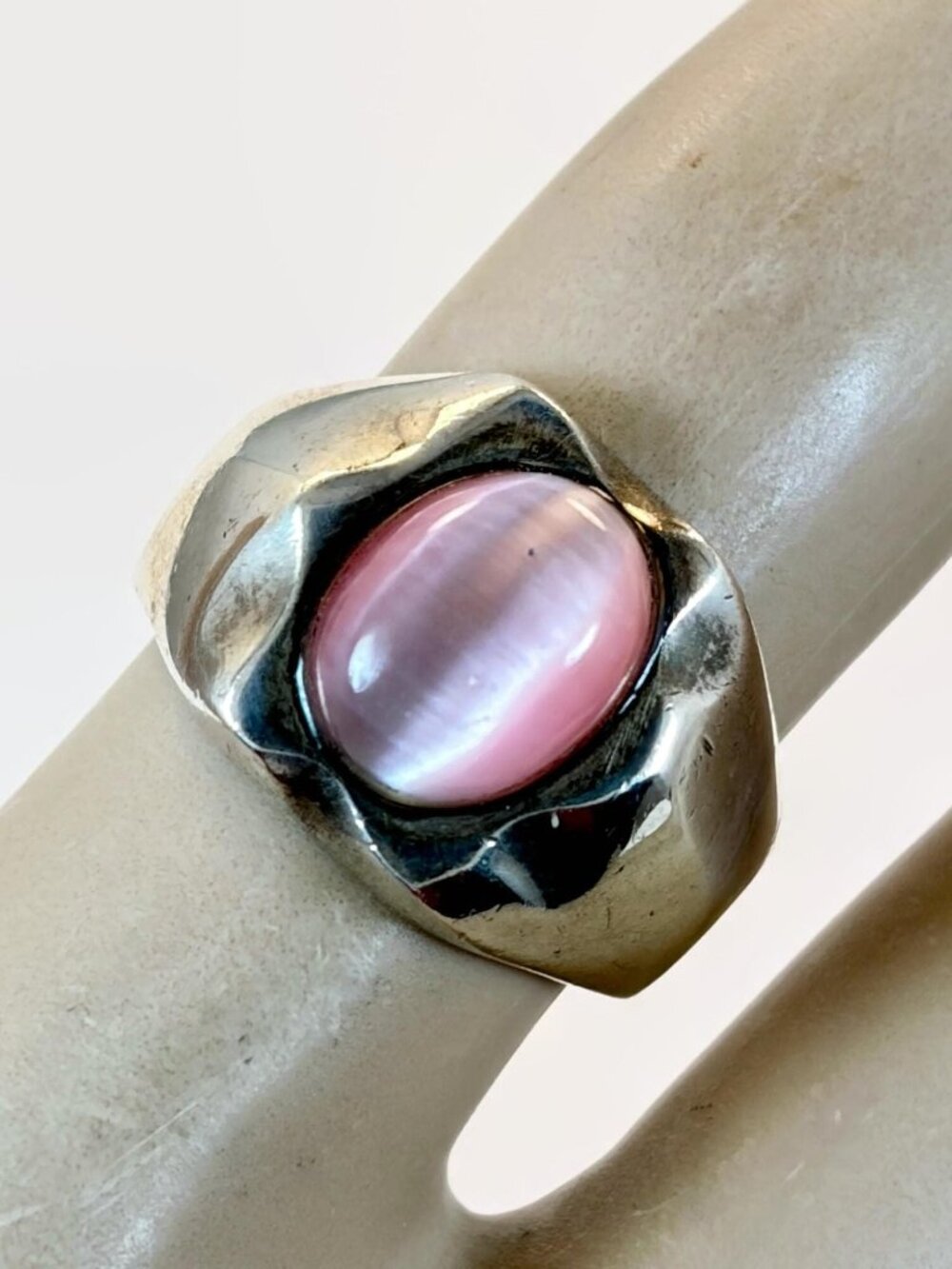 Pink Ring, Cat's Eye, Sterling Silver, Vintage, Size 5 3/4, Wide Band